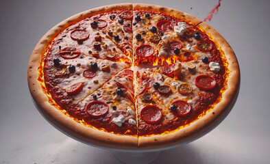 Aufkleber - Pizza with pepperoni and blueberries on it. The pizza is cut into four pieces. The pizza is on a white plate