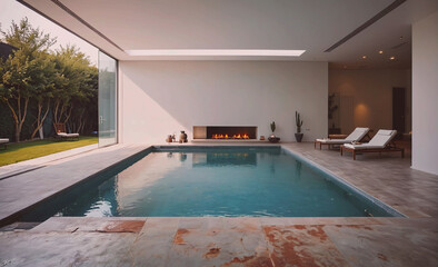 Fototapete - Large pool with a fireplace in the middle. There are two lounge chairs on the right side of the pool