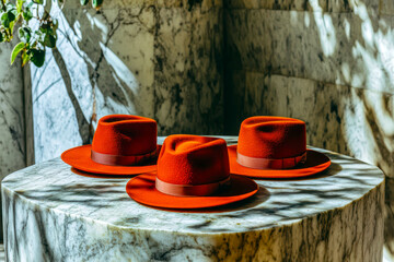 Poster - Red hats artfully displayed on a marble table bathed in soft indoor sunlight