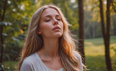 Aufkleber - Woman with long blonde hair is standing in a field. She is wearing a white shirt and looking to her right
