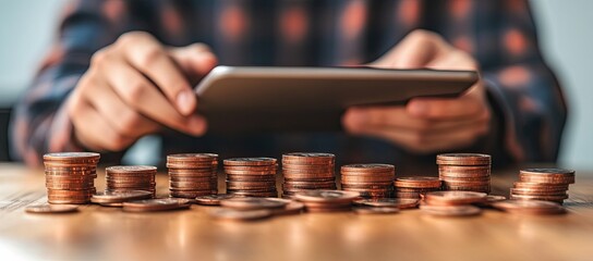 Poster - A businessman interacts with a tablet, exploring cryptocurrency fintech solutions, showcasing modern financial technology in action