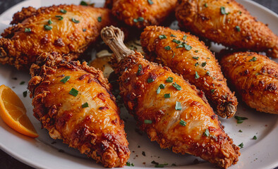 Poster - Plate of fried chicken with parsley and orange slices. The chicken is cut into pieces and is covered in parsley