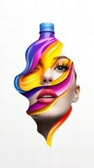 Aufkleber - woman's face is revealed through colorful, layered strips resembling a bottle shape against a bright