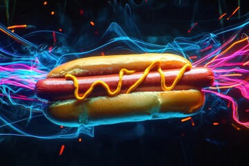 Poster - futuristic hot dog soaring through neon trails in a dynamic cyberpunk environment