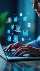 Poster - Digital technology and data analysis in action with a person using a laptop, showcasing innovative solutions and connectivity in a modern workspace, digital transformation concept