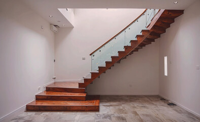 Poster - Staircase made of wood and glass. The staircase is in a room with white walls