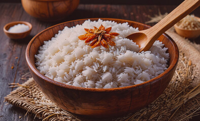 Aufkleber - Bowl of white rice with a spoon in it. There is a bowl of rice next to the spoon