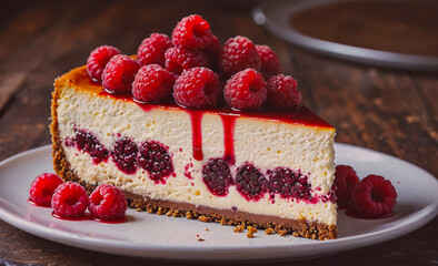 Poster - Slice of cheesecake with raspberries on top. The raspberries are scattered around the edge of the slice