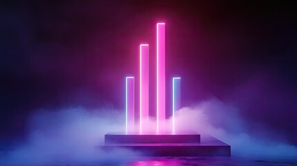 Poster - Bitcoin stands on a podium, surrounded by a glowing neon bar chart and swirling smoke, perfect for fintech promotional visuals