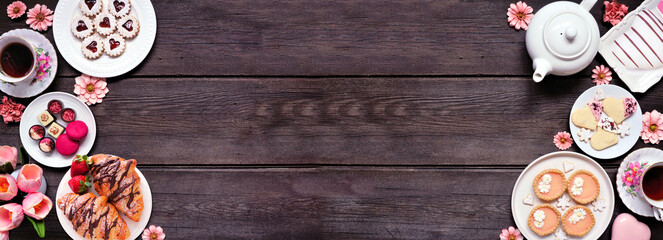 Leinwandbilder - mother's day tea double border over a dark wood banner background. selection of sweet desserts and p