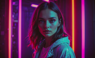 Poster - Woman is standing in front of neon lights. She is wearing a white jacket and a black shirt