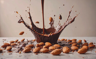 Poster - Chocolate splash is on a table with a pile of almonds. The chocolate is dripping from the top of the splash