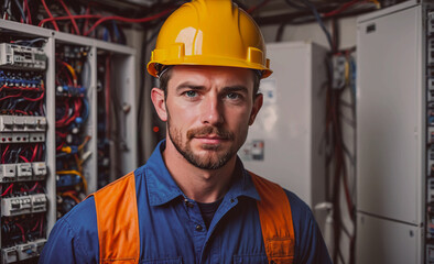 Poster - Man wearing a yellow helmet and orange vest. He is standing in front of a wall of electrical wires