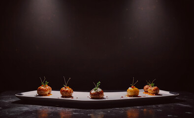 Aufkleber - Plate of food with five different items on it. The plate is white and the food is brown
