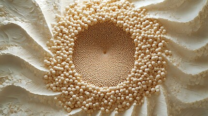 Poster - Macro view of golden spherical particles forming spiral pattern on white textured surface, abstract geometric composition with depth and dimension for modern design.