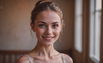 Aufkleber - Woman with blue eyes and a smile. She is wearing a dress. She is standing in front of a window