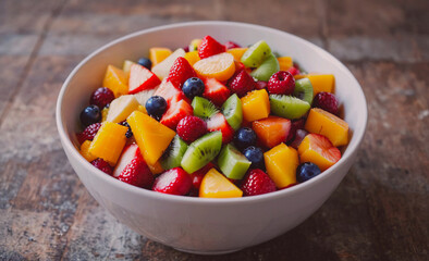 Poster - Bowl of fruit salad with strawberries, blueberries, kiwi, and mango. The bowl is white and sits on a wooden table