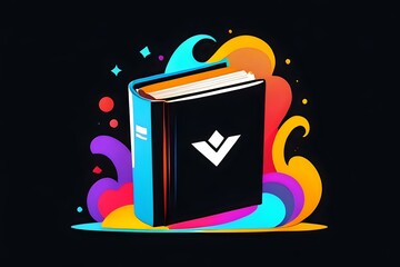 Poster - Colorful abstract book illustration with vibrant swirls and sparkles on black background. Minimalist hardcover design features geometric logo and dynamic gradient shapes.