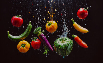 Poster - Bunch of vegetables and fruits are falling from the sky. There are tomatoes, carrots, and bananas