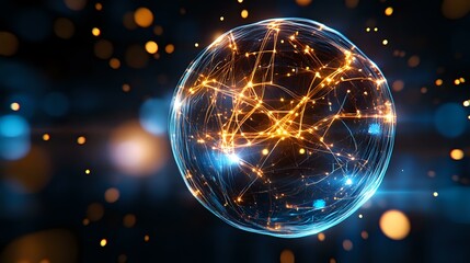 Poster - Glowing energy sphere with interconnected golden light trails and blue sparkles against dark background, creating futuristic network visualization effect.