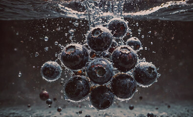 Poster - Bunch of black berries are floating in water. The berries are small and round. The water is dark and murky