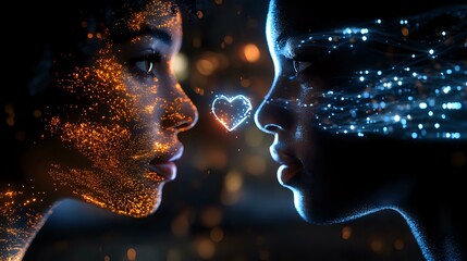 Poster - Romantic couple faces in profile with glowing particle effects, one in gold sparkles and one in blue light, heart shape between them creating magical atmosphere.