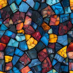 Poster - Colorful mosaic pattern with irregular geometric shapes in blue, orange, red, and yellow creates dynamic abstract background. Seamless repeat design for wallpaper.
