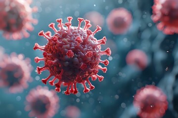 Poster - Red virus cell with spike proteins floating in blue microscopic environment, scientific medical visualization showing detailed molecular structure and pathogen surface.