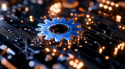 Aufkleber - Blue metallic gear wheel on circuit board with glowing orange bokeh lights creating dramatic technological atmosphere. For business and innovation concepts.