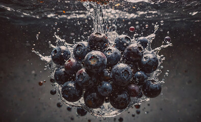 Poster - Bunch of blueberries are floating in a pool of water. The water is splashing and the berries are floating on top