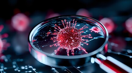 Poster - Microscopic view of virus cell in petri dish with dramatic lighting, scientific research concept showing detailed molecular structure in red against dark background.