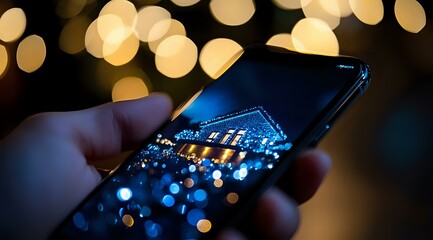 Poster - smartphone displaying night cityscape with bokeh lights reflection, hand holding mobile device again