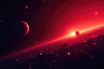 distant stars and planets with bright light against a dark red spiky background, red color scheme, c