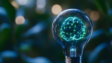 Poster - Glowing neon brain inside light bulb on dark background with bokeh lights, representing innovation, artificial intelligence and creative thinking process.