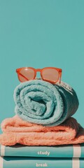 Poster - Retro Color Pop Study Break Concept Vibrant Gen Z Learning Pause with Textured Towels and Trendy Sunglasses - Millennial Productivity Aesthetic