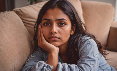 Poster - Woman is sitting on a couch with her hand on her face. She has brown hair and is wearing a blue shirt