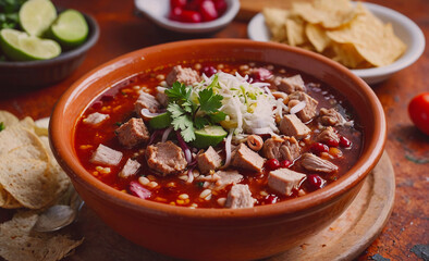 Aufkleber - Bowl of soup with meat and vegetables. There are also some chips and a spoon. The bowl is on a wooden table