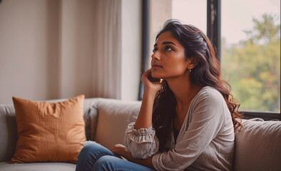 Poster - Woman is sitting on a couch and looking out the window. She is wearing a white shirt and blue jeans