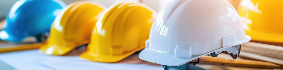Poster - Sustainable Construction Safety and Innovation Sleek Hard Hat Diversity in Modern Infrastructure Design - Next-Gen Workplace Protection and Professional Compliance