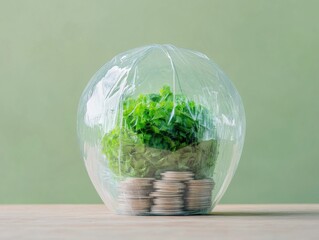 Aufkleber - Minimalist Green Investment Ecosystem Sustainable Finance Visualization with Crystal Dome, Nurturing Growth and Economic Resilience in Eco-Conscious Wealth Management