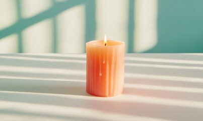 Poster - Minimalist Workspace Wellness Soft-Glow Peach Candle with Tranquil Shadow Play - Aesthetic Productivity and Mindful Home Office Design Trend