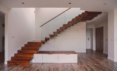 Poster - Staircase with a bench in the middle. The bench is wooden and has a drawer. The staircase is made of wood and is very long
