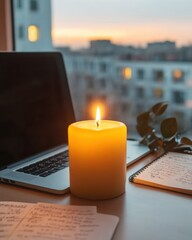 Poster - Soft-Focus Creative Hustle Mindful Nocturnal Productivity featuring Hygge-Inspired Home Office Sanctuary with Warm Candlelight and Urban Sunset Backdrop