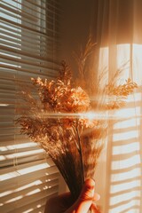 Poster - Golden Hour Botanical Storytelling Warm Minimalist Dried Flower Arrangement with Soft Window Light - Aesthetic Wellness and Mindful Home Decor Narrative