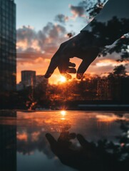 Poster - Urban Aspirational Sunset Creative Potential Framed Through Cinematic Hand Gesture - Inspirational Visual Metaphor for Personal Growth and Limitless Ambition