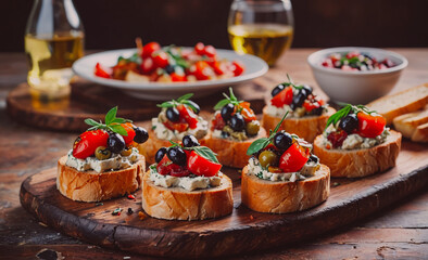 Poster - Wooden tray with a variety of bread and vegetables. There are several pieces of bread with different toppings, including tomatoes, olives, and cheese. The tray is placed on a wooden table, and there