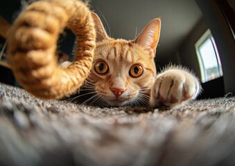 Poster - Immersive Pet Tech Innovation Ginger Tabby Exploring Next-Gen Interactive Feline Enrichment with Cutting-Edge Fish Eye Perspective - Smart Home Pet Engagement