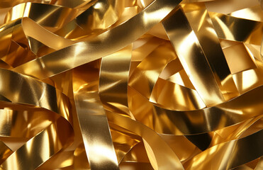 Poster - Gold ribbon strips abstract background for celebration and decoration shiny metallic foil texture design