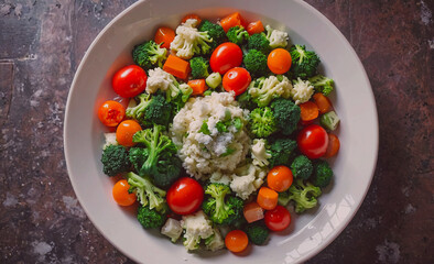 Poster - White bowl filled with a variety of vegetables including broccoli, carrots, and tomatoes. The bowl is placed on a countertop