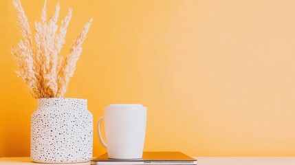 Aufkleber - Minimalist Workspace Serenity Aesthetic Home Office Composition with Pampas Grass and Ceramic Mug - Wellness-Driven Productivity Styling for Modern Professionals